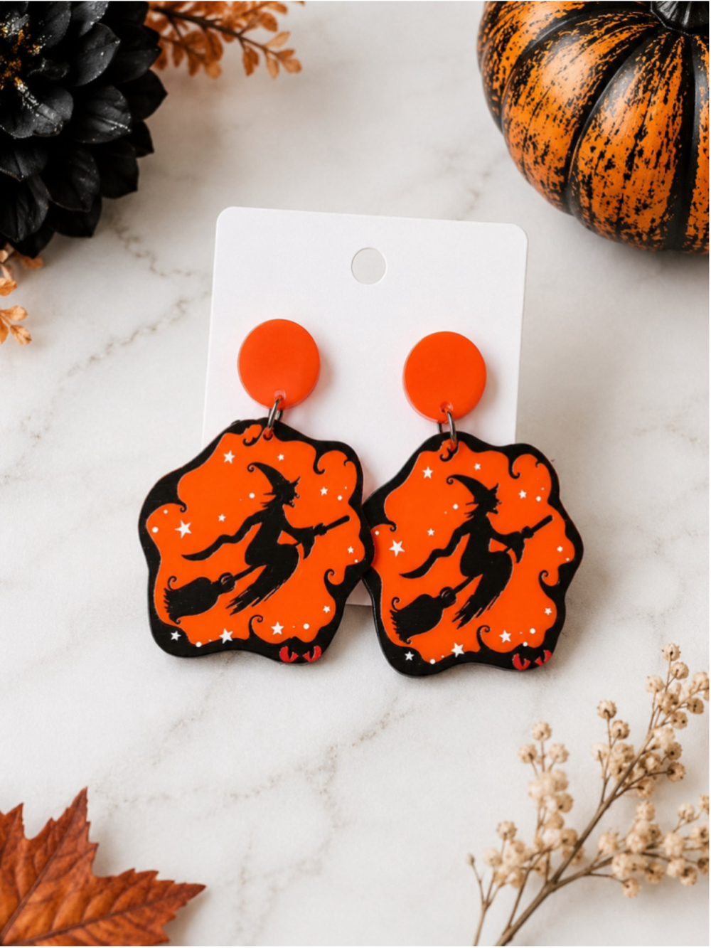 NEW Halloween Flying Witch Orange Acrylic Dangle Earrings Spooky Fall